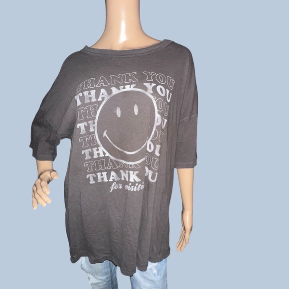 Aerie T-Shirt Womens Size L Dark Grey Oversized Smiley Thank You Streetwear - Picture 1 of 5